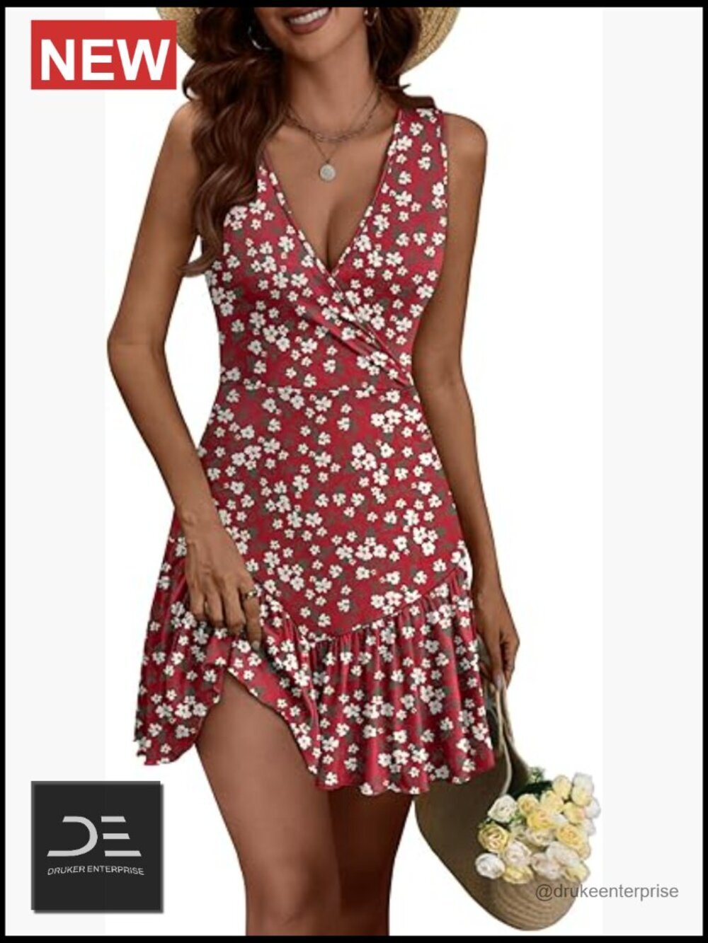 Sleeveless Wrap V Neck A-Line Boho Floral Sundress Mini Dress
